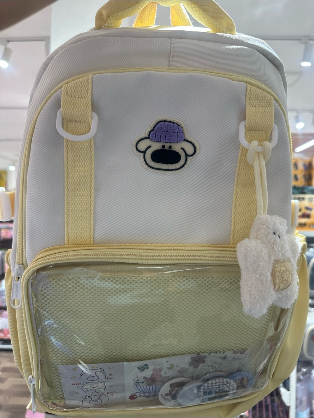 Kids Yellow & White Backpack with Plush Charm